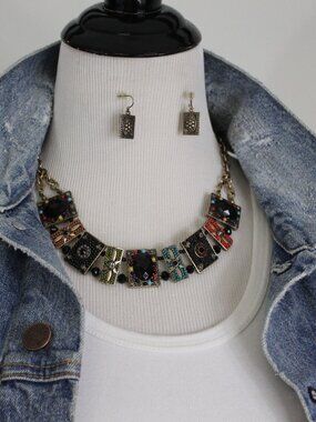Artisan Mixed Media Statement Necklace Earrings Set Boho Tribal 21”
